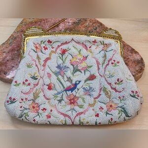 Vintage Tambour Micro-Beaded Bird Clutch – 1950s Evening Bag